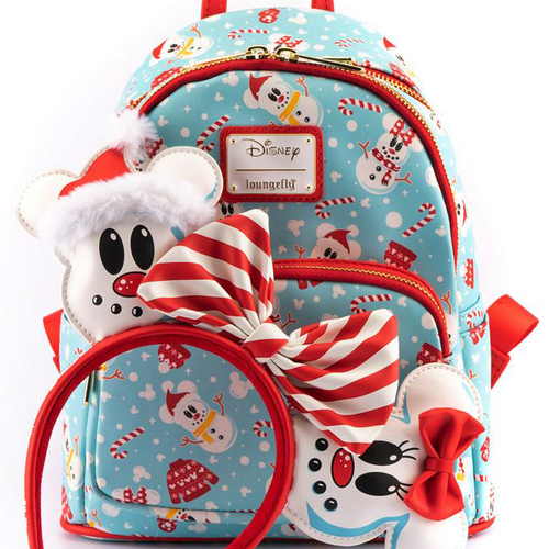 LOUNGEFLY DISNEY MINNIE MICKEY SNOWMAN AOP MINI BACKPACK HEADBAND SET